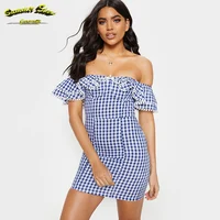 

Stylish Off Shoulder Women Blue Plaid Frill Design Bohemian Clothes For Women Beach Dress