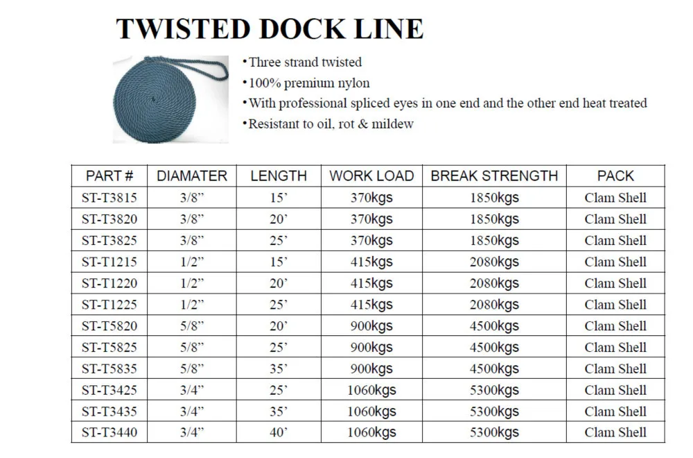 Hard Wearing 3-Strand Twisted Marine Cordage UV Resistance Dock Line for Boat