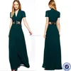V-neck Maxi casual Dress With Cap Sleeve and Lace Insert in Bottle emerald Green Evening Dress