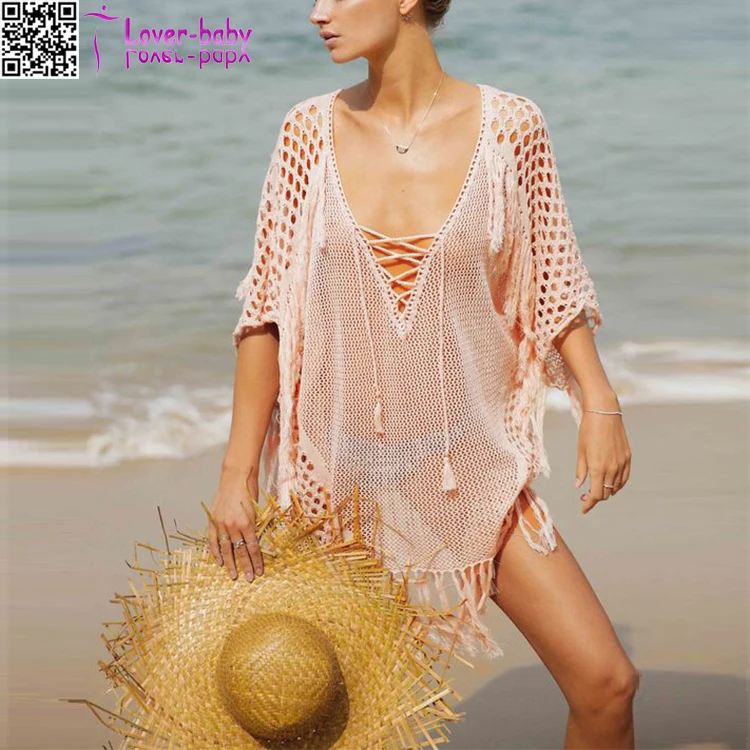 

Light Pink Lace-Up Fishnet Kaftan V neckline Cover-Up dress summer L38437, As shown