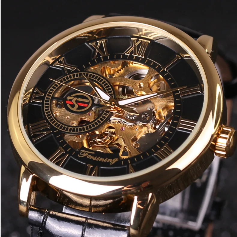 

Forsining 3d Logo Design Hollow Engraving Black Gold Case Leather Skeleton Mechanical Watches Men Luxury Brand Heren Horloge, 4 colors