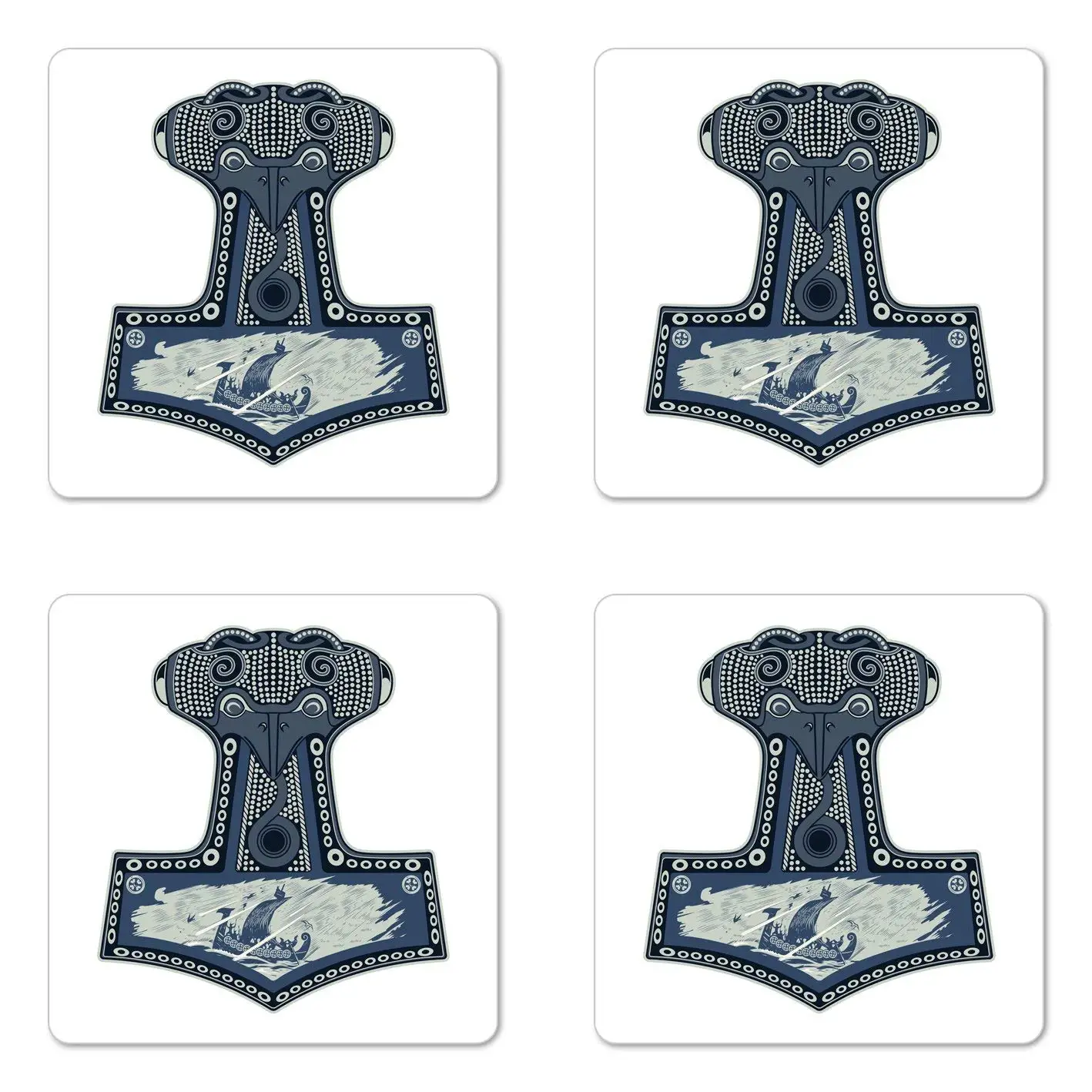 Lunarable Viking Coaster Set of Four, Scandinavian Folklore Motifs Northern Germanic Culture Mjollnir, Square Hardboard Gloss Coasters for Drinks, Blue Grey Navy Blue Slate Blue