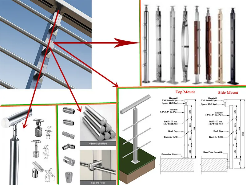 Residential stair railing design mental steel solid rod wood handrail balustrade factory