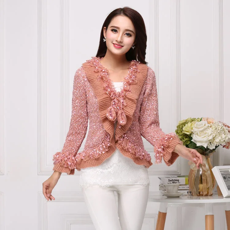 

Wholesale Sweet and Beautiful Sweaters V-collar Long-sleeved Horn Sleeve Lotus leaf fringed jacket