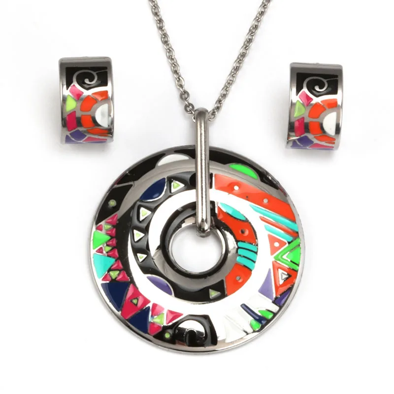 Personalized Stainless Steel Jewelry Mixed Colors Enamel Pendant Necklace Stud Earrings Jewelry Set Accessories Women