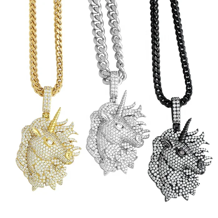 

Missjewelry Hip Hop Men Urban Jewelry Sterling Silver Hiphop Gold Plated CZ Unicorn Pendant, Optional