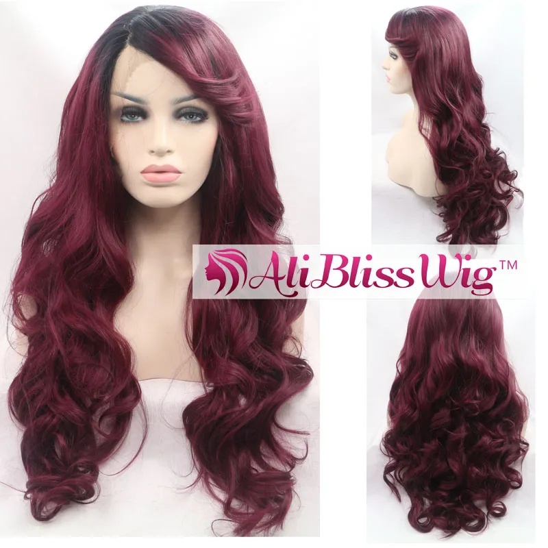 

24 Heat OK Fiber Dark Roots Two Tone Ombre Burgundy Long Curly Synthetic Front Lace Wig with Side Bangs