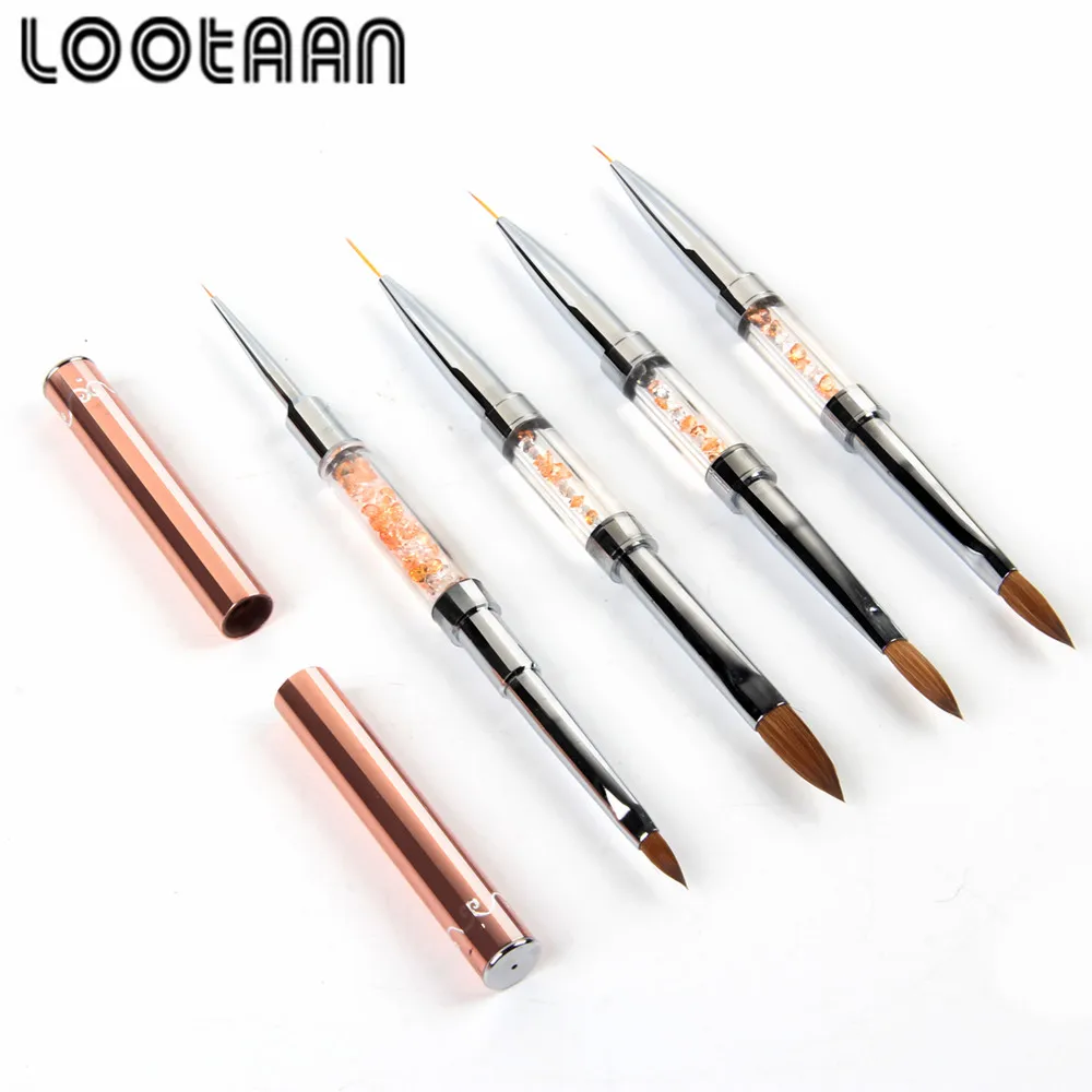 

Wholesale High Quality Rhinestone Handle Double Side Pure mane Kolinsky UV Gel Rose Gold Nail Brush, As picture