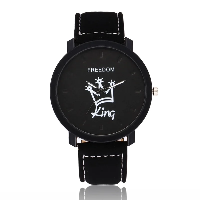 

WJ-5985 personality King and Queen face fashion popular black leather couple wrist watch