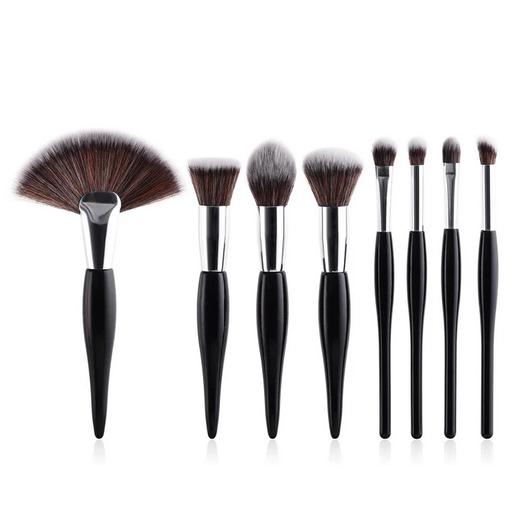 

8pcs New Arrival Black Unique Gift Set Wooden Handle Nylon Hair Fan Brush Flame Makeup Brushes, As pics