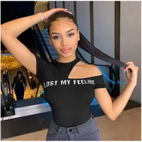 

OEM Custom Logo Street Wear One Shoulder Cut Black Cotton Short Sleeve Crop Top T-shirt for Women