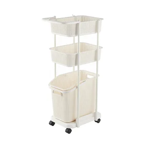 Image of 2 layer 3 tier dirty clothes small plastic laundry basket with wheels