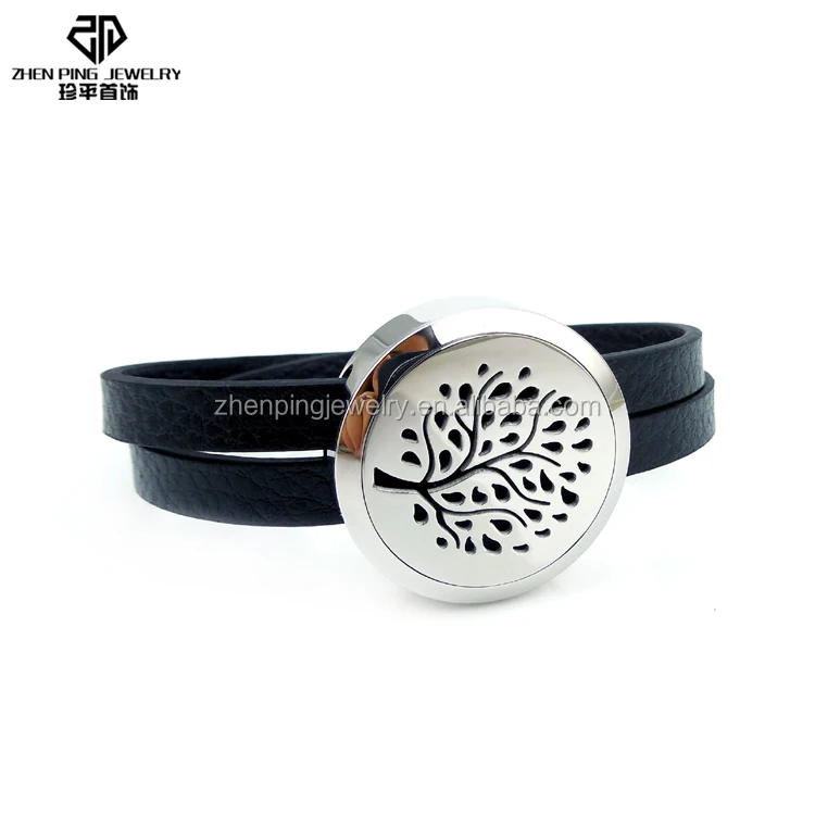 

Charming fashion stainless steel essential oil diffuser lockets genuine leather bracelet wholesale