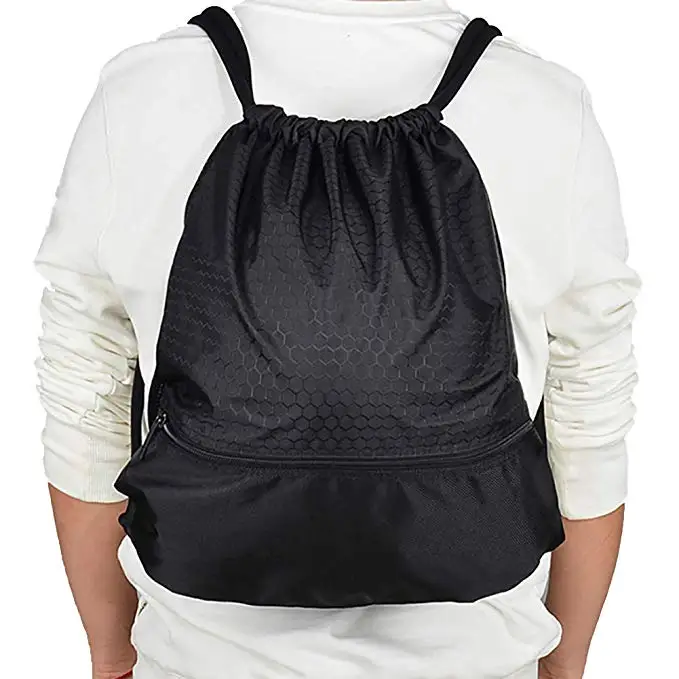 

custom logo premium polyester black drawstring backpack waterproof sports