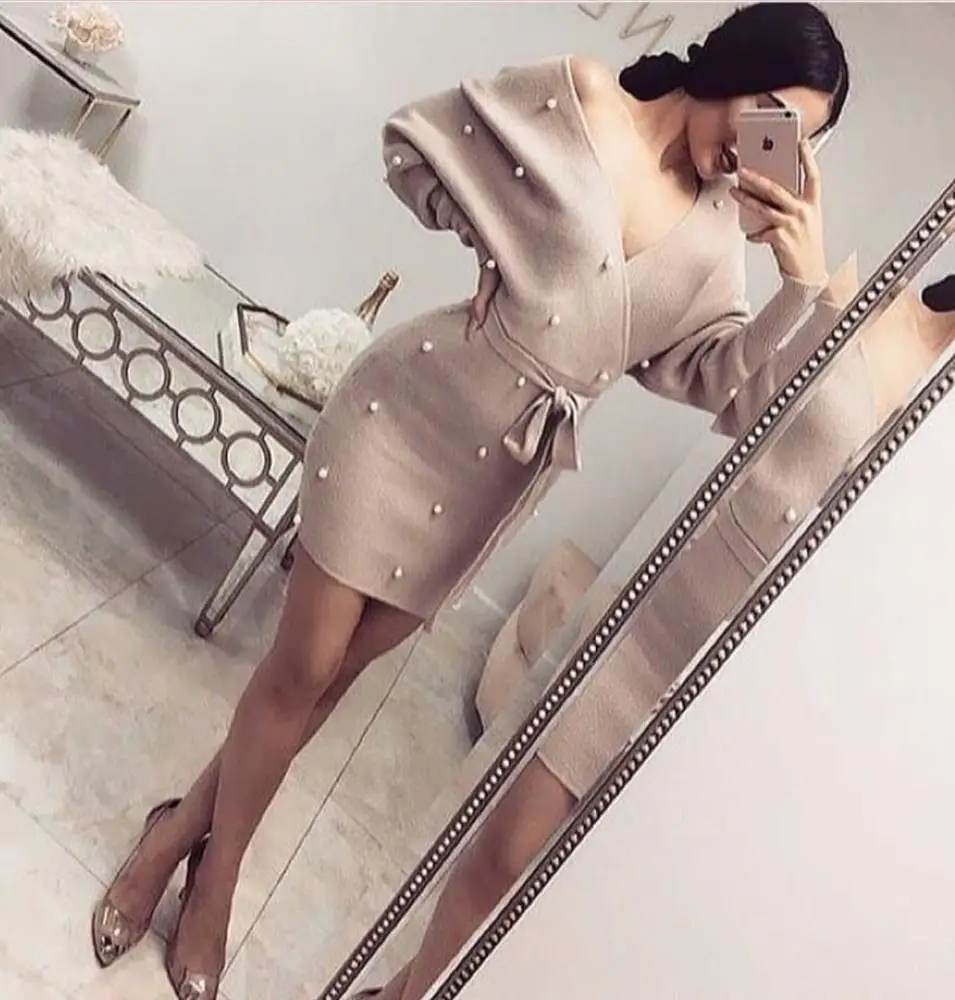 

Fashion Long Sleeve Short Celebrity Evening Party Homecoming Sexy Bandage Woman Dress, Khaki