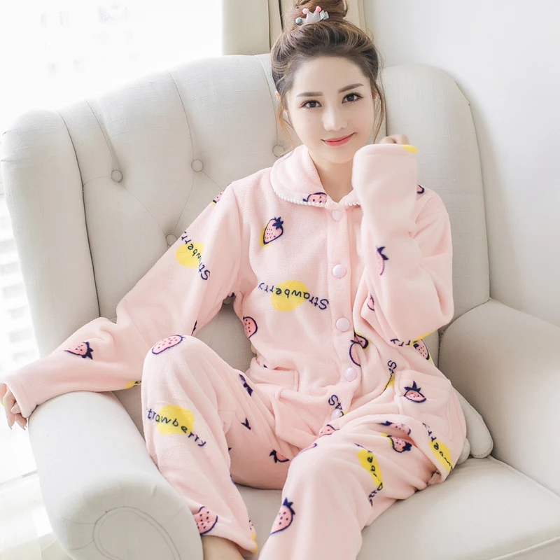 

Wholesale Women Casual Printed Keep Warm Flannel Plush Pajamas set Sleepwear For Female cartoon