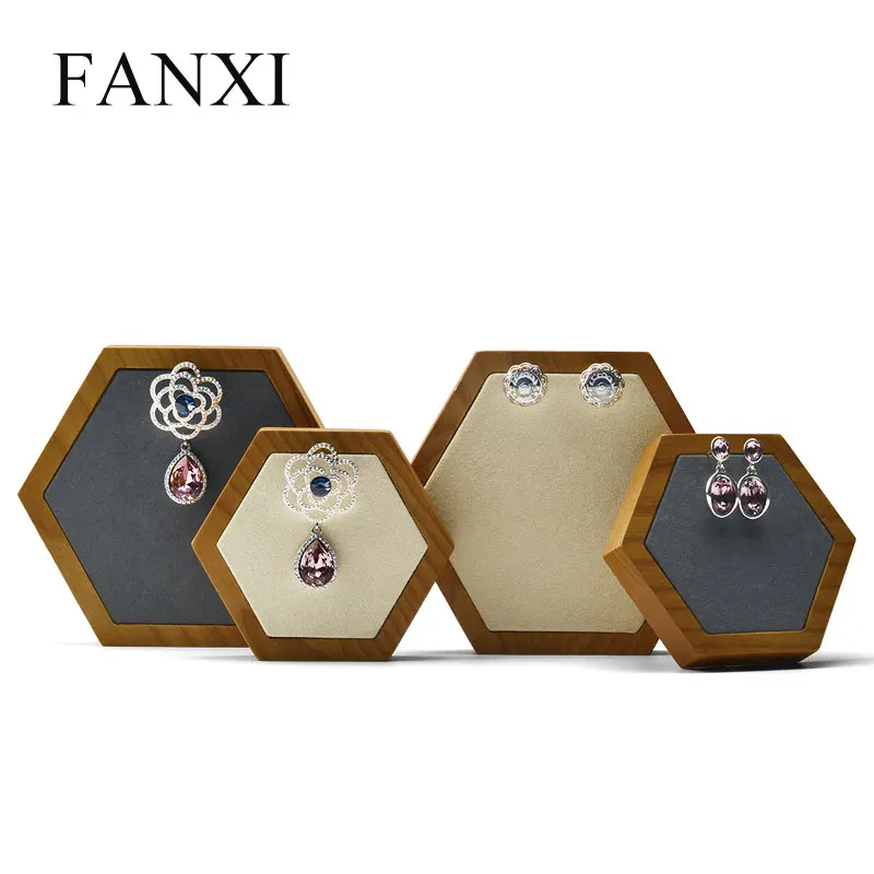 

FANXI Free Shipping Microfiber Jewellery Display Stand For Necklace Bracelet Ring Showcase Hexagon Solid Wood Jewelry Holder, Wood base + beige / black top for wooden earring holder