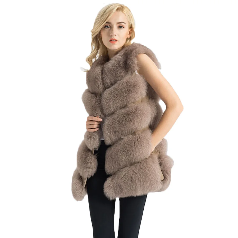 

Real Fox Fur Gilet Women Winter Genuine Soft Natural Fur Long Vest High Quality Fashion Coat 5 Rows Vest, Customized