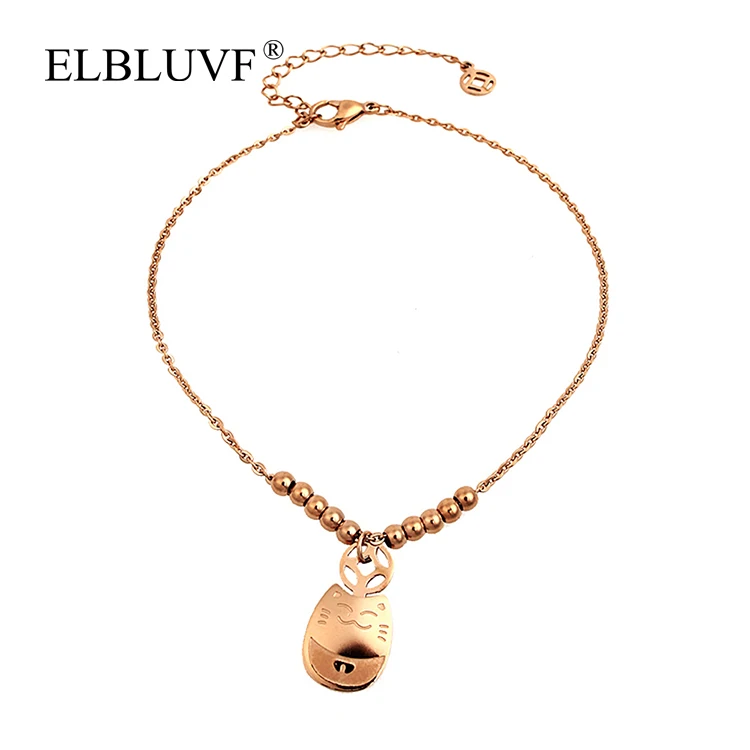 

ELBLUVF Free Shipping Stainless Steel Jewelry Rose Gold Plated Cute Cartoon Totoro Ball Chain Anklet