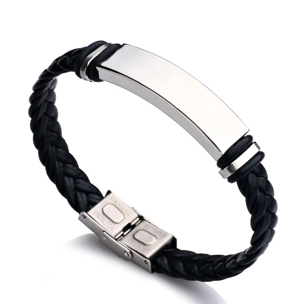 Men fashion braided leather bracelet bangle stainless steel jewelry