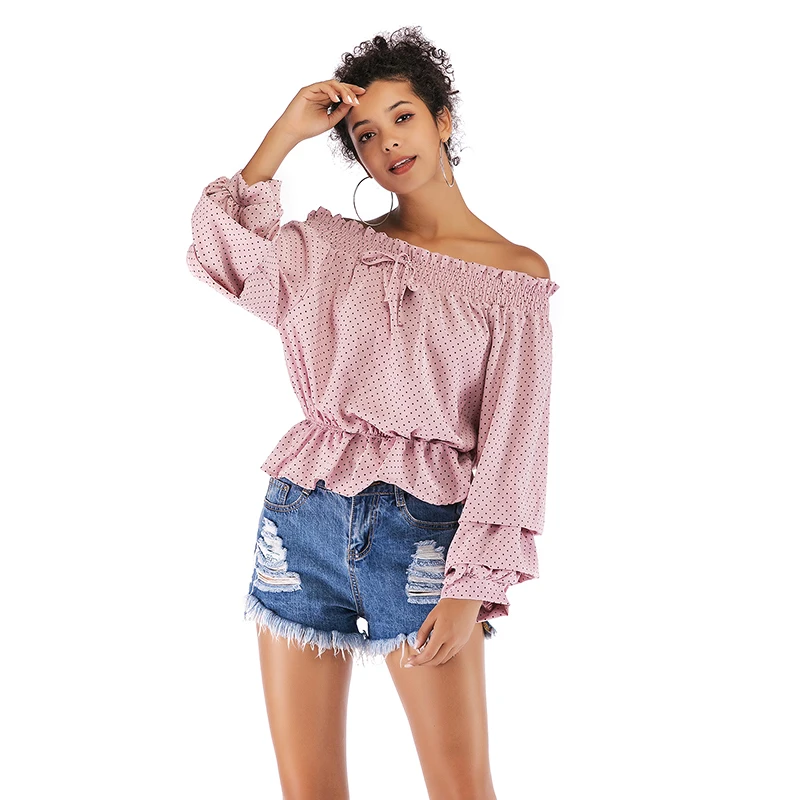 

2019 new word collar strapless lace chiffon shirt wave point puff sleeve sexy tops ladies shirt, N/a