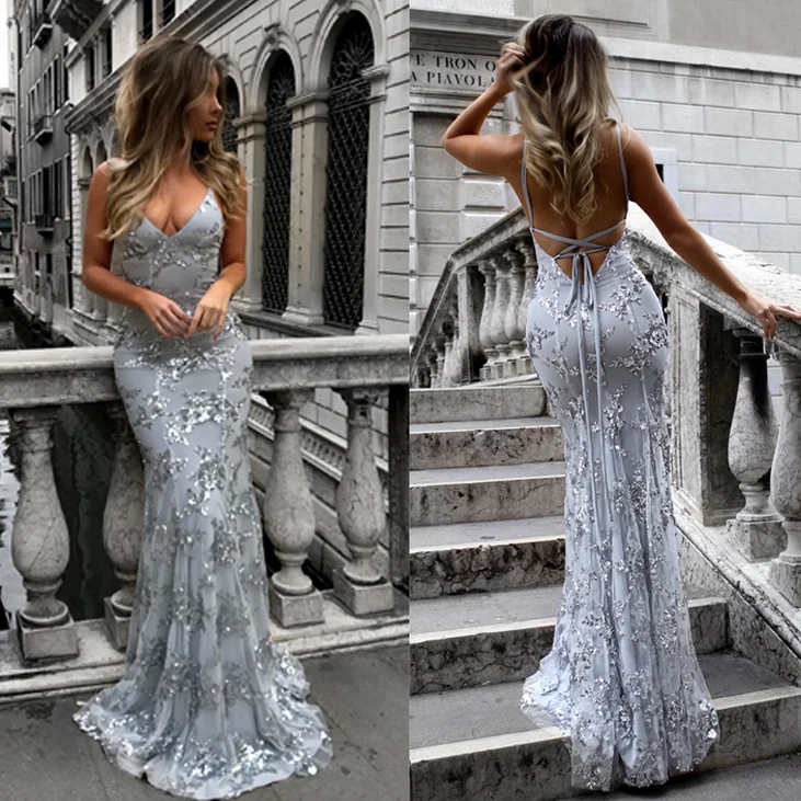 

Free shipping Fashion hot sale amazon bling sequins condole belt V neck backless lady's light gray lace long dress sexy gown