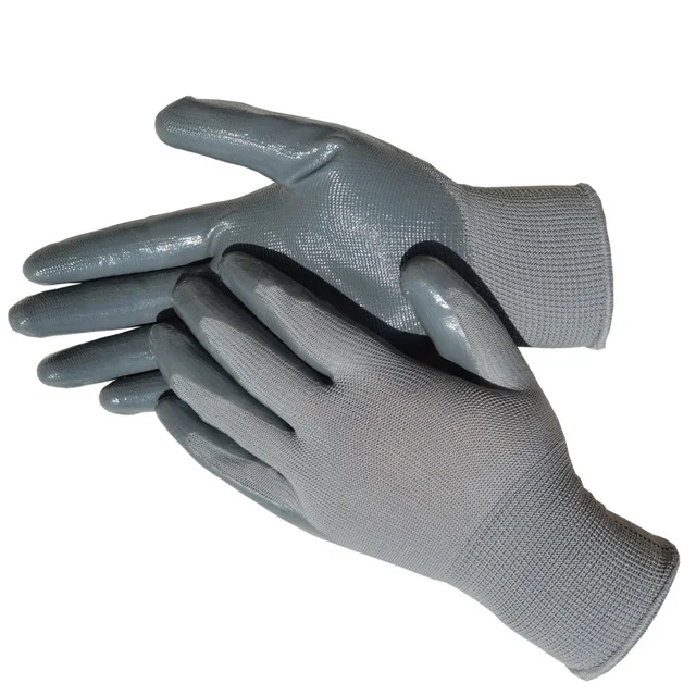 Ppe Nitrile Coated Work Glove With Nitrile Dipped Grip On Palm And