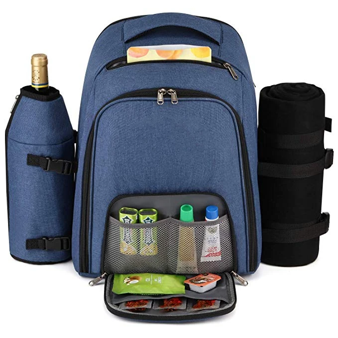 

Picnic Backpack Bag for 4 Person with Insulated Cooler Compartment, Fleece Blanket, Detachable Wine Holder, Cutlery Set(Blue)