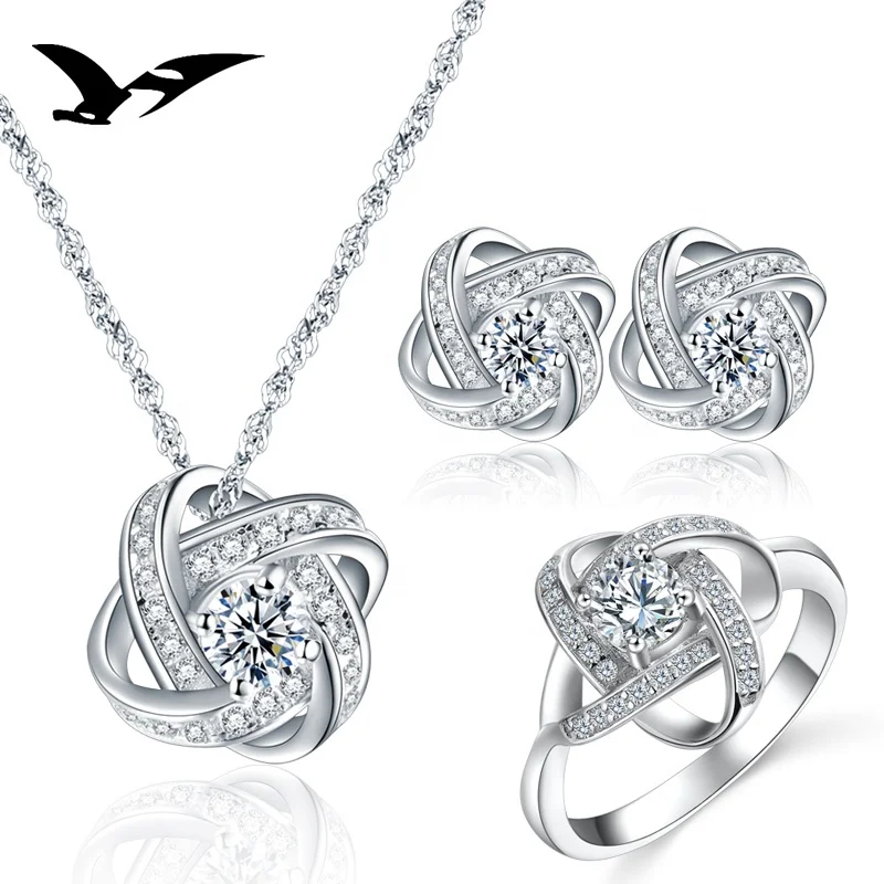 Square flower Jewelry Sets , Silver and Crystal Stud Earrings with pendant jewelry set