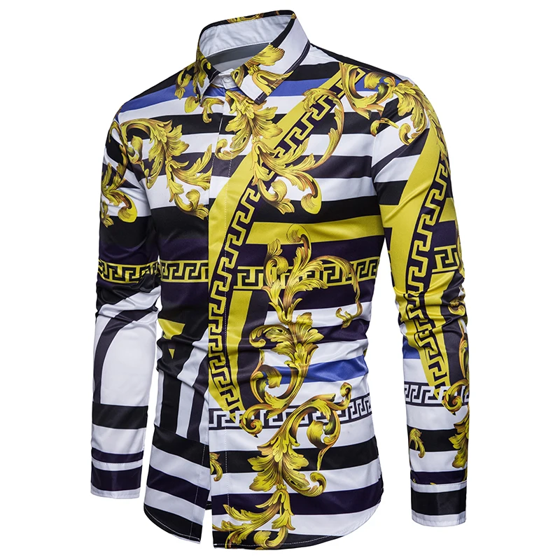 

2018 new casual 3d printed men long sleeve covered button shirts, Yellow;purple