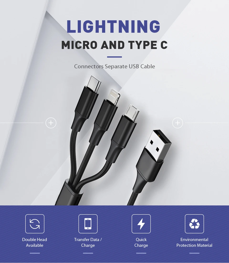 manufacturer multi ports 3ft length 3 in 1 USB cable with 8pin, micro and type C connector