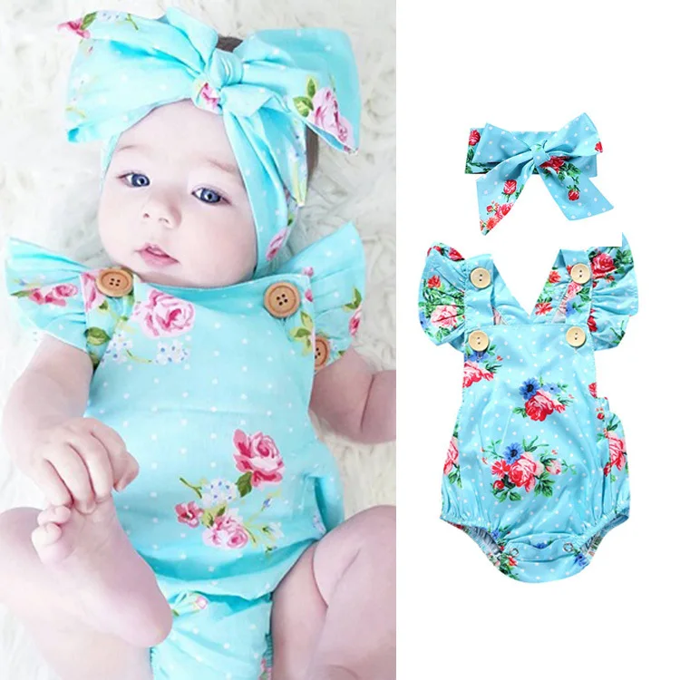 

Hao Baby Clothes Children's Clothing Spring 1-3 years old Baby Conjoined Clothes Romper Summer 2019 Blue Flowers Newborn Clothes, As the pictures