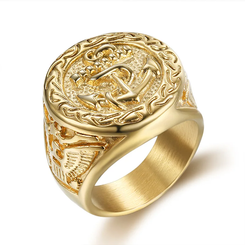 

Men 316L Stainless Steel Luxury Gold Color Anchor Navy With Eagle Punk Style Rings for Men Big Size Rings