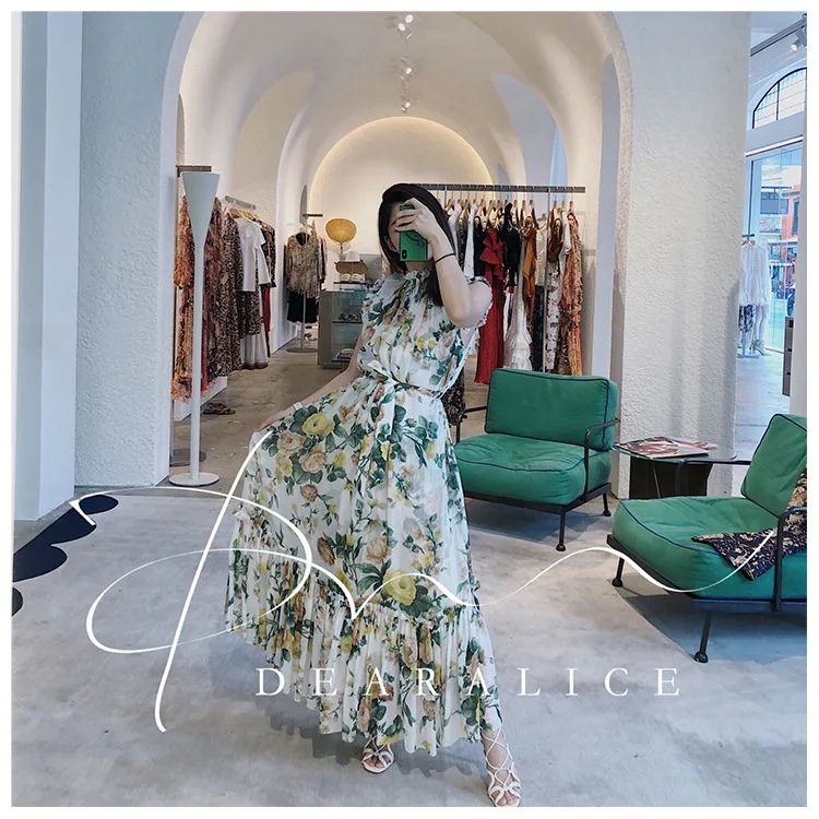 2019 Summer hot sale women dress colorful broken flower print ladies skirt sleeveless waist reduction women cloth