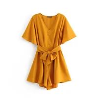 

Solid color flare short sleeve high waist women one piece jumpsuit summer playsuit with belt