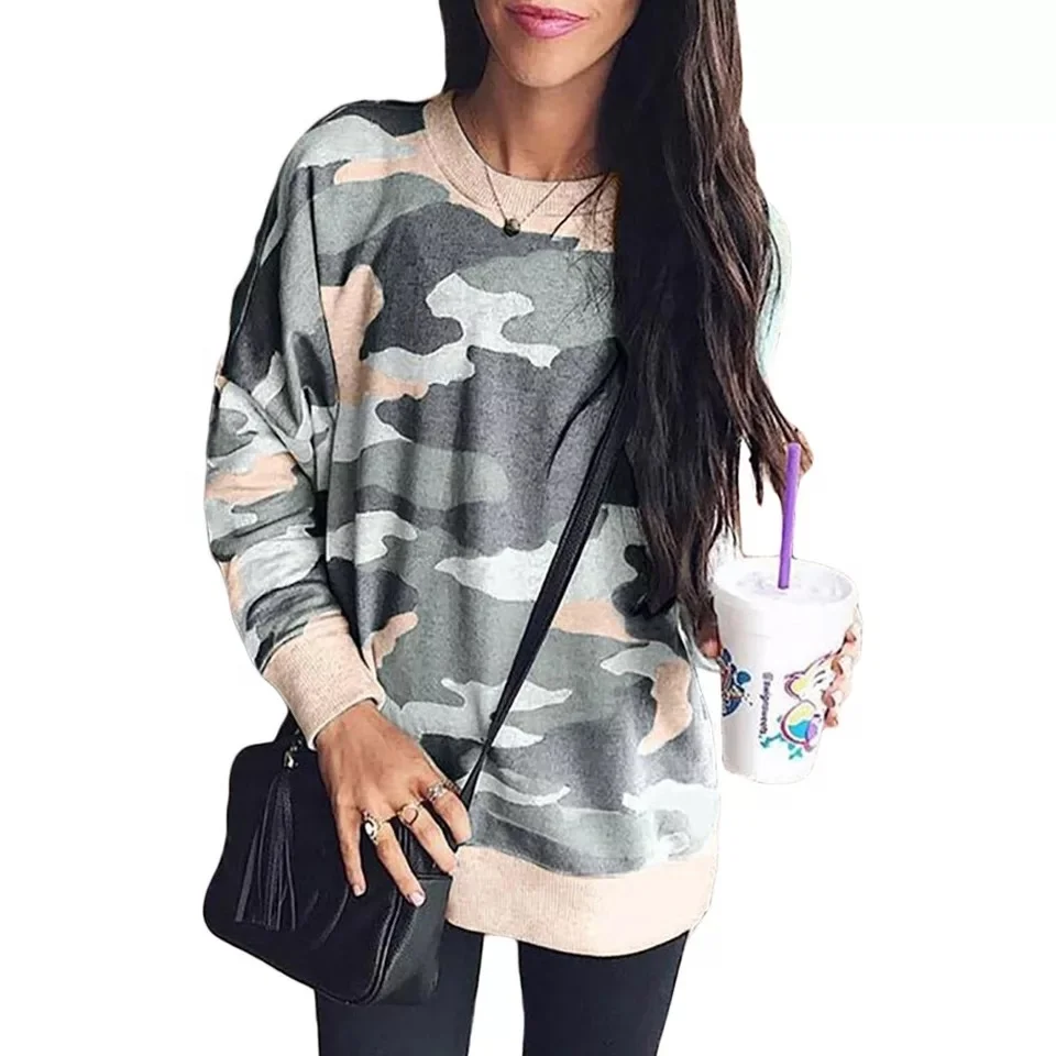 

Women Camouflage Print Long Sleeve Crew Neck Loose Fit Casual Sweatshirt Pullover Tops Shirts