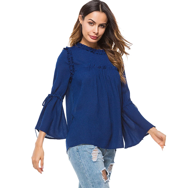 

Blue Latest Fashion Woman Chiffon Bandage Ruffle Long Sleeve Blouse Tops Office Design, Blue/white