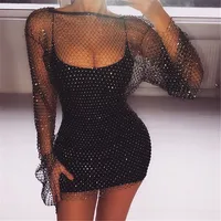 

2019 New Fashion Women Sparkly Rhinestone Sexy O-Neck dresses Mesh Hollow out diamond casual dress