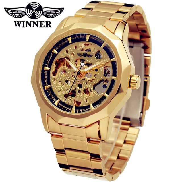 

WINNER Watch Men Sports Military Skeleton Wristwatches Automatic Wind Mechanical Steel Strap Relogio Masculino, Gold,silver