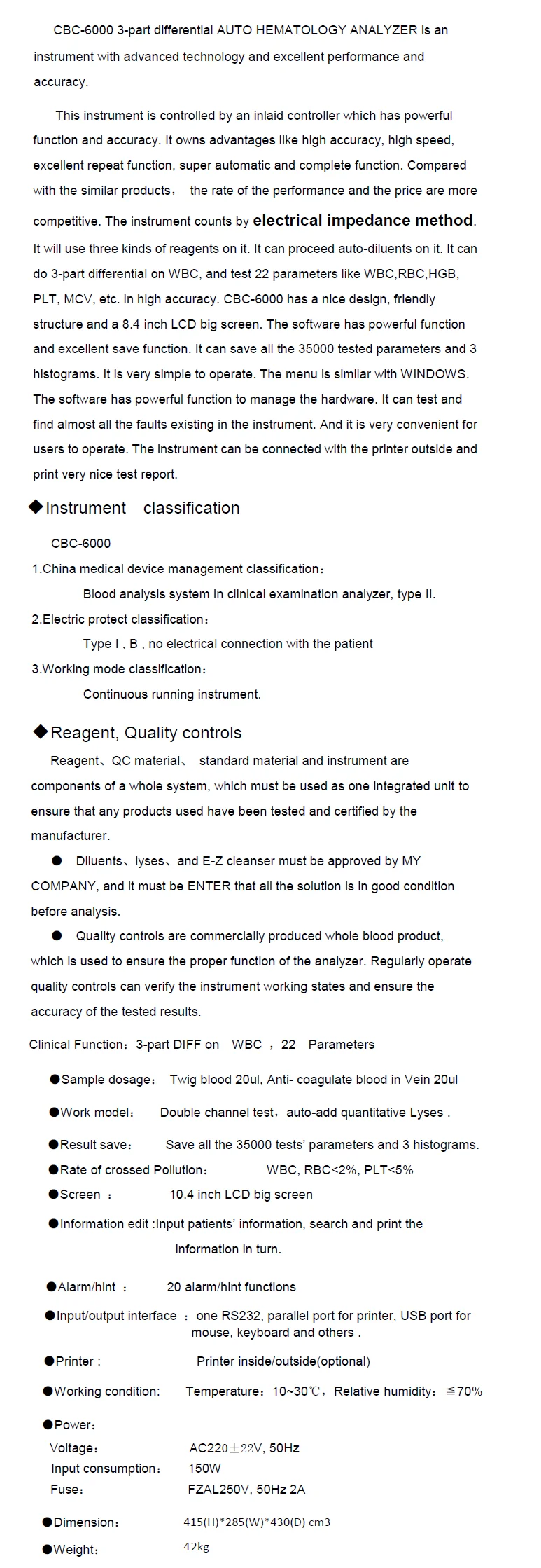 Excellent quality Hematology analyzer,blood test machine,CBC-6000,22 Parameters &