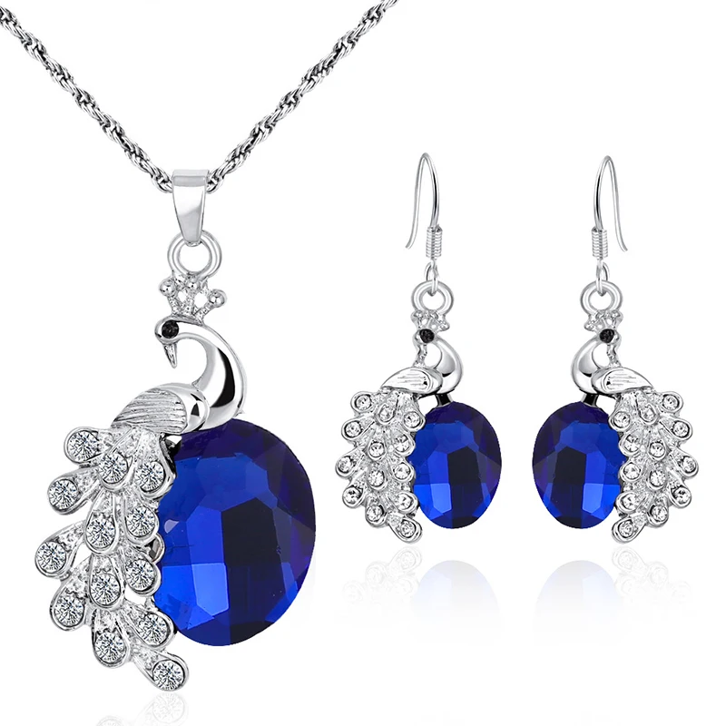 

Trendy Vintage Blue Crystal Peacock Jewelry Sets Women Glass Stone Rhinestone Animal Necklace Earring Set (KJ031), Same as the picture