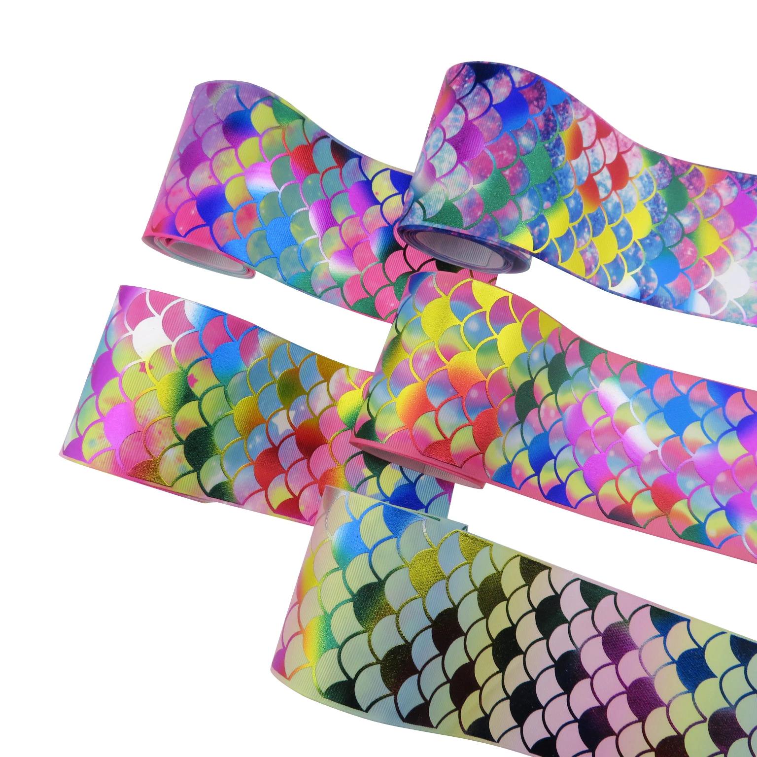 

3 inch  rainbow foil mermaid scale printed with heat transfer grosgrain ribbon , 196colors for choose