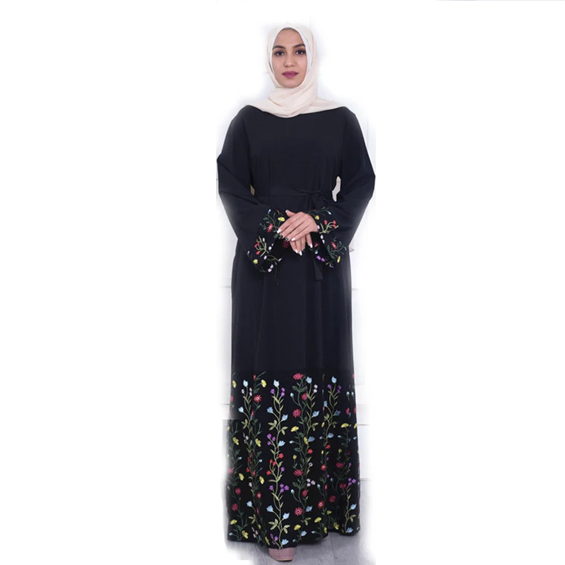 

embroidery splicing floor length darcon muslim women dress, Black