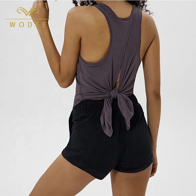 

Custom logo active wear women sleeveless t shirt plain tie back tank tops, 5 colors or custom