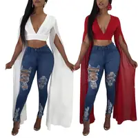 

MDY075 women's latest casual solid crop top with long chiffon sleeves
