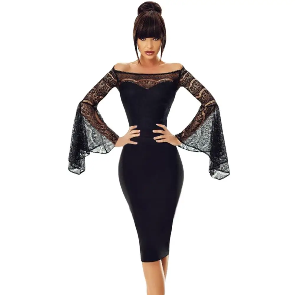 Black Bell Sleeve Bodycon Lace Sexy Night Girl Party Dress