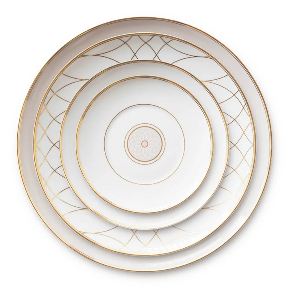 

Wholesale dinner plate dishes bone china gold rim charger plates kitchen dishes, White