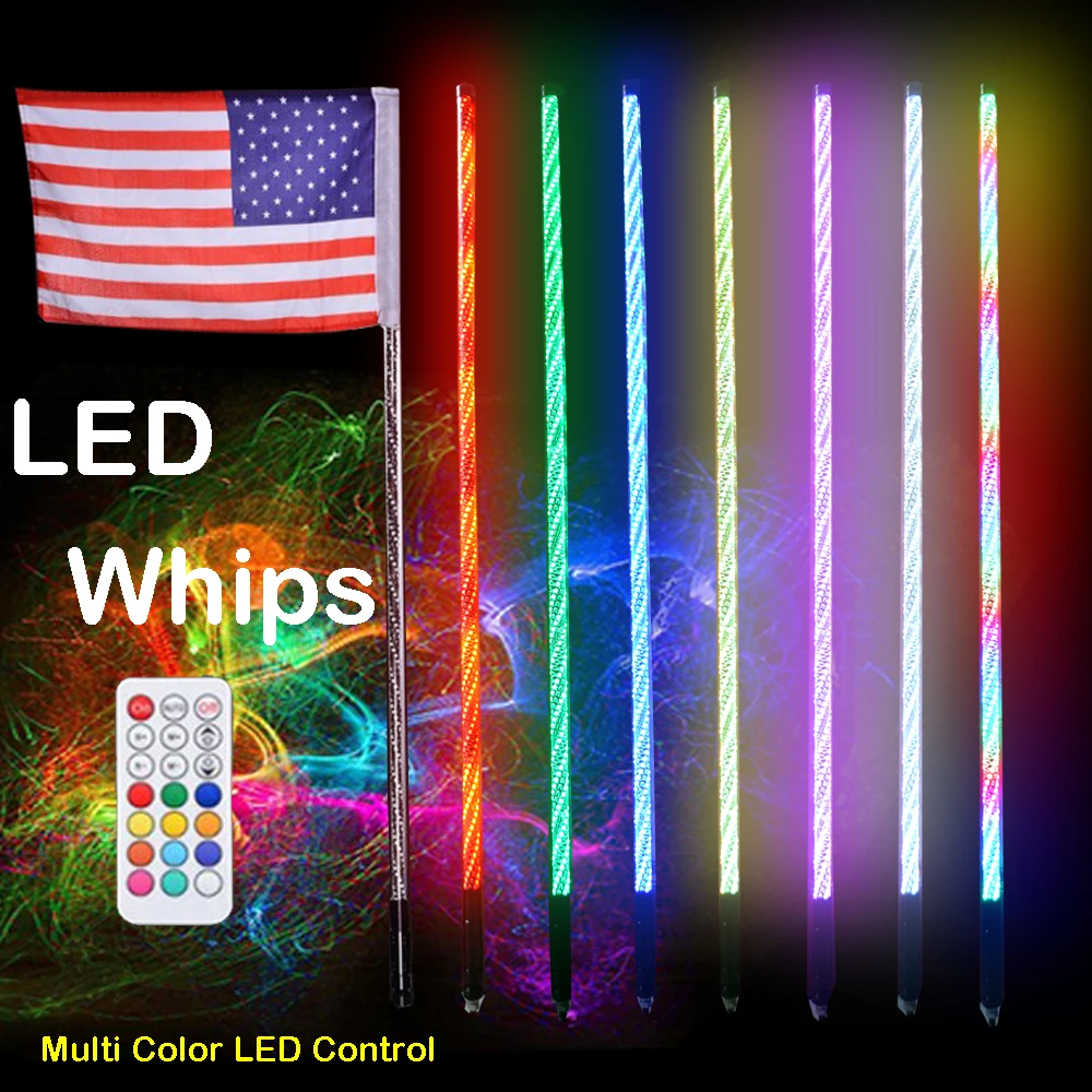 4ft Remote Control RGB LED Whip Lights For Off- Road Vehicle/ ATV LED Safety Light Flag Poles