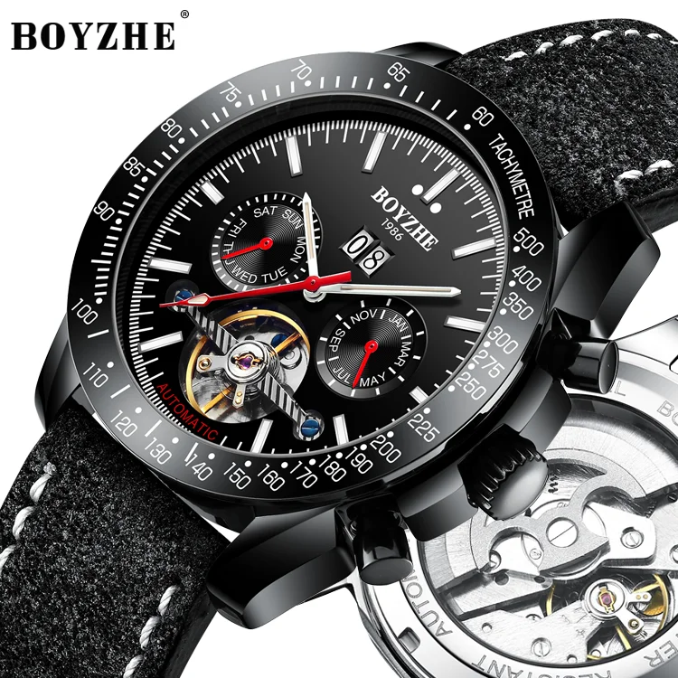 

BOYZHE New Design Black Case 30M Waterproof Tourbillon Mechanical Movement Luxury Automatic Watch Mens Mechanical Watch