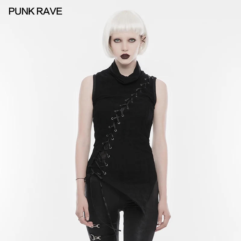 

WT-501 punk darkness high neck ribbon laced women sleeveless long t shirt